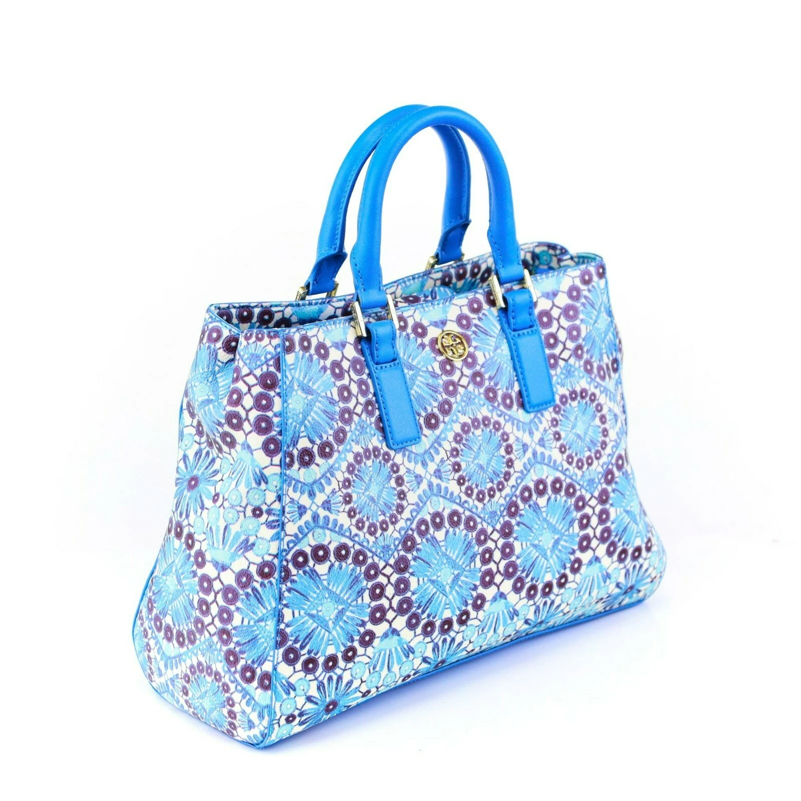 Borsa Tory Burch Robinson stampata triangolo blu nuova con etichetta