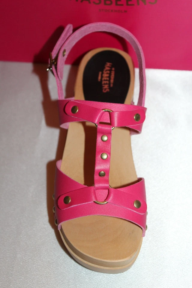 NEW NIB SWEDISH HASBEENS Cherry Pink Leather RIVET Open Toe Wood Clog EU35 $220 - Image 4 of 4