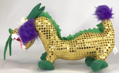 Vintage Gold Sequin Chinese Dragon 14” Long Plush Stuffed Animal
