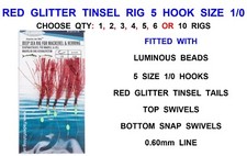 RED GLITTER RIG 5 HOOK SIZE 1/0 SEA FISHING LURE COD HERRING MACKEREL FEATHERS