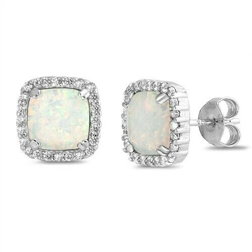 Stud Earrings Genuine Sterling Silver 925 White Lab Opal Clear CZ Height 11 mm-image