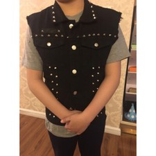 Mens Studded Denim Gilet Sleeveless Biker Jacket Shirt Waistcoat Jeans Punk Cool