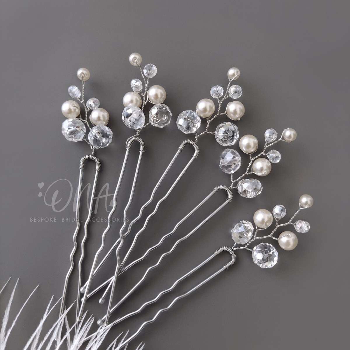 Off White Preciosa pearls and crystals hair pins, bridal  display picture 1