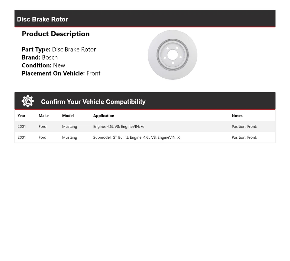 For 2001 Ford Mustang 4.6L V8 Bosch QuietCast Disc Brake Rotor Front - Image 2 of 4