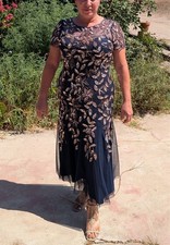 Adrianna Papell Floral Beaded Cocktail Gown   Navy/Rose Sequin  Size XL 14 