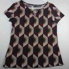 By design Woman's Short Sleeve Top Medium Multi-Color Geometric Print Blouse