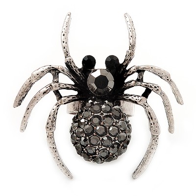 Atemberaubender schwarzer Kristall Spinne Cocktail Ring in verbrannter Versilberung