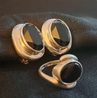 Vintage Modernist Black Glass Sterling Silver Earrings & Ring Lot