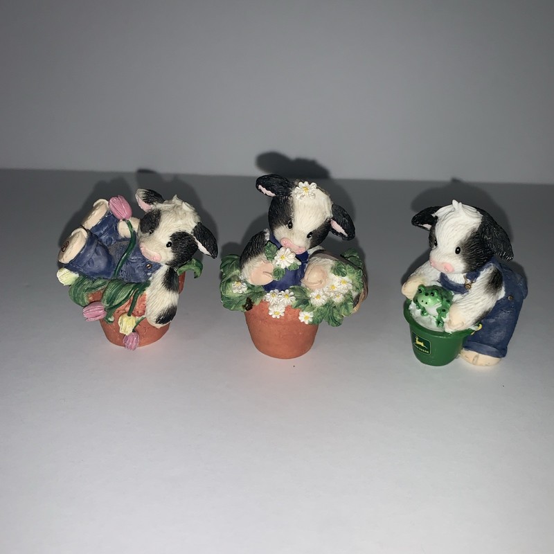 3 MARY MOO MOOS FIGURINES ,HAND PAINTED, BY MARY RHYNER, flower pot & John Deere