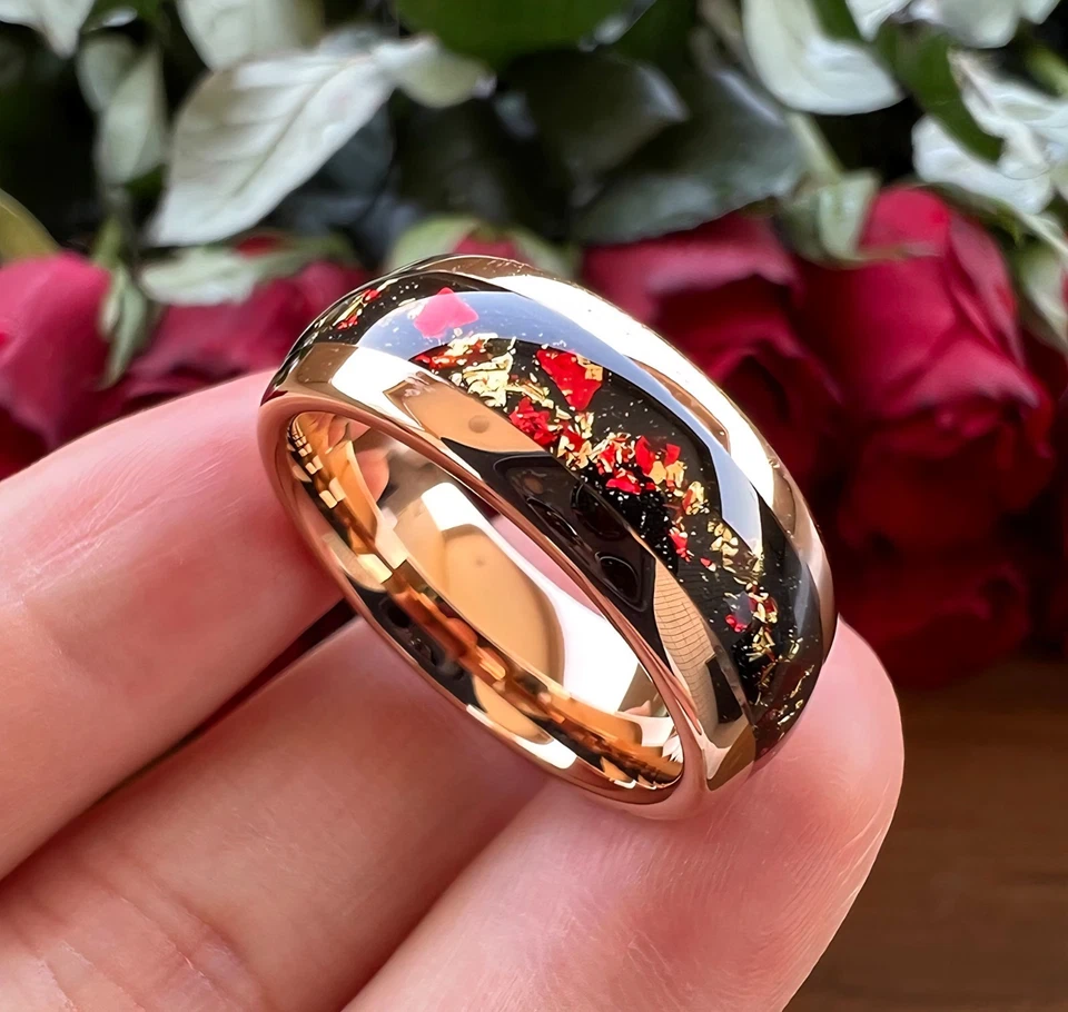 6/8MM Men Women Tungsten Carbide Ring Band Dome Red and Gold Foil Inlay Ring - Image 4 of 4