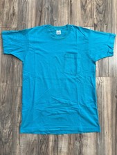 Vintage 90s BVD Blue Teal Pocket Tee Blank Single Stitch Shirt Large USA Made