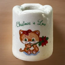 Russ Berrie Co Miniature Candle Holder Christmas Is Love Cat Poinsettia Vintage
