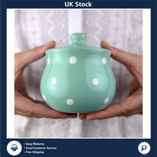 Charming Ceramic Sugar Bowl Pot With Lid Turquoise Polka Dot 10oz
