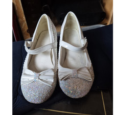 Girls Silver Glitter Mary Jane Flats Bow Hook Loop Strap Round Toe Size 1