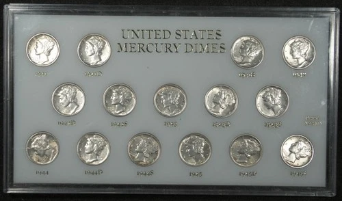 1941-1945 P/D/S MERCURY DIME 15-COIN SET AU IN CAPITAL PLASTICS HOLDER