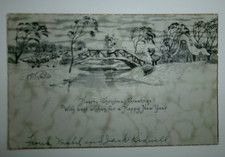 Vtg Christmas Card Home Bridge Stream WISPY Trees Blowing in the Wind 1920's