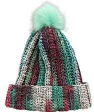 Crochet Ribbed Beanie With Faux Fur Pom Pom - Adult Size Red/Turquoise/Green