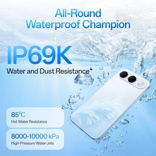 White OPPO F35 5G with black camera cutout, blue text “All-Round Waterproof Champion” and “IP69K Water and Dust Resistance.”