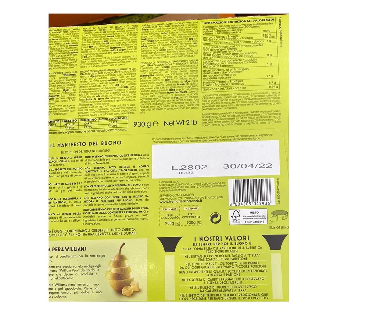 3x Tre Marie Panettone Pera e Cioccolato mit Birnen und Schokolade 930g