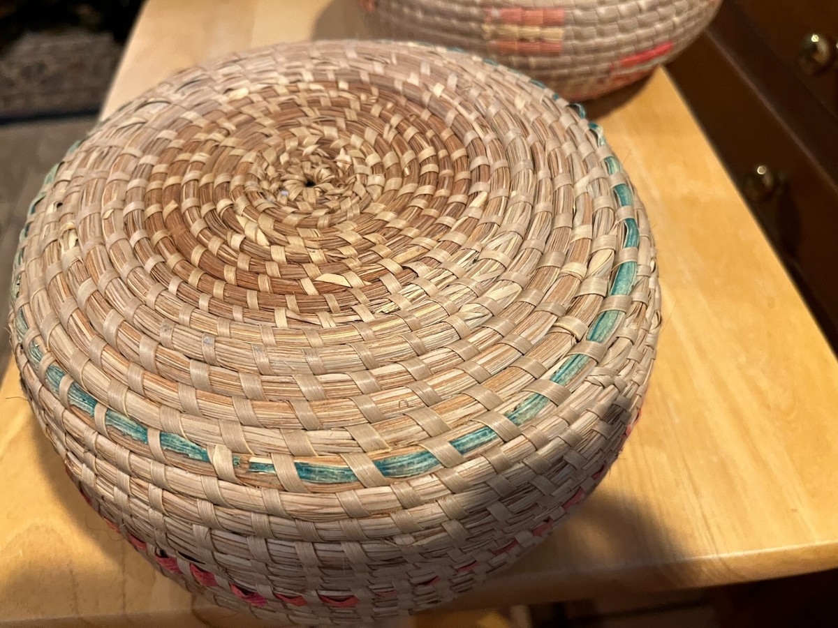 Antique 2 Vintage African COILED Woven Baskets 1 with lid (1