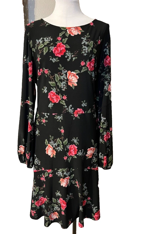 Vestido American Living 16W Negro Rosa Manga Larga Carrera Iglesia NUEVO Lavable Foto 3 de 4