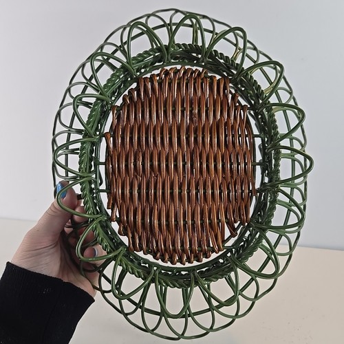 Vintage MCM Round Green Metal Wire Basket with Wicker Bottom EUC - Picture 21 of 24
