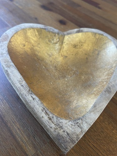 Bloomingville like Mango Wood Heart Bowl W/ Gold Leaf Design W/ 5 Decoupage Eggs - Picture 20 of 22