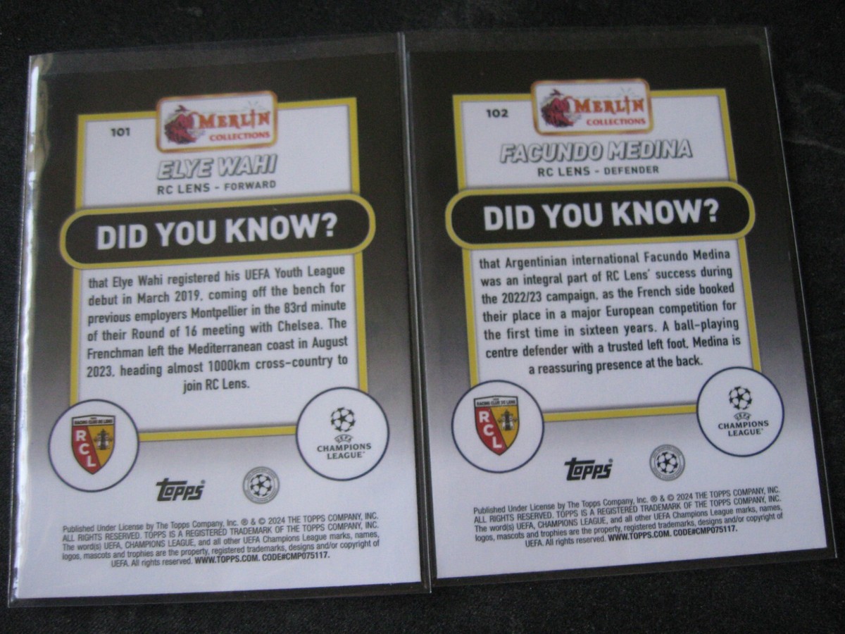 ELYE WAHI/FACUNDO MEDINA 2-CARD LOT 2023-24 Topps Merlin UEFA Club