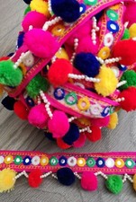 1- 2 metre Multicoloured Rainbow Pom Pom Beaded Tassel Trim mirror fringe Ribbon