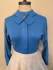 Vtg 1950s Blue Wool Top Button Up Pinup Retro Mod