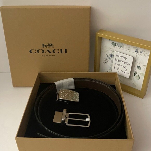 🐼💦 Coach F65186 🐼💦 Men Reversible Black Brown Silver Leather Belt 🐼 W11*5