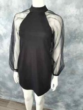 ZARA Black Dress Size S Organza Puff Net Sleeve Shift Mini Back Tie Stretch