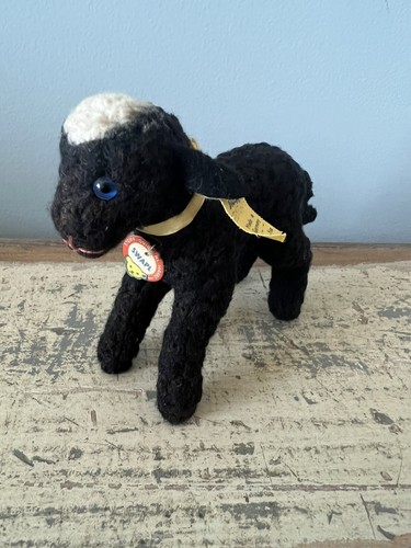 ¡Todas las etiquetas vintage como nuevas! Steiff SWAPL Pequeño Persa NEGRO Cordero Oveja 10cm 1957-66