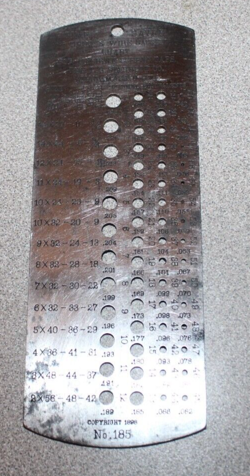 Starrett No. 185 Time Saver Drill and Wire Gauge Chart for Machine
