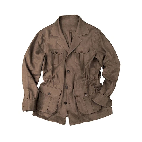 Men 100% Linen Safari Jacket Slim Hunting Coat Casual Pockets Retro Formal Coat - Picture 11 of 16