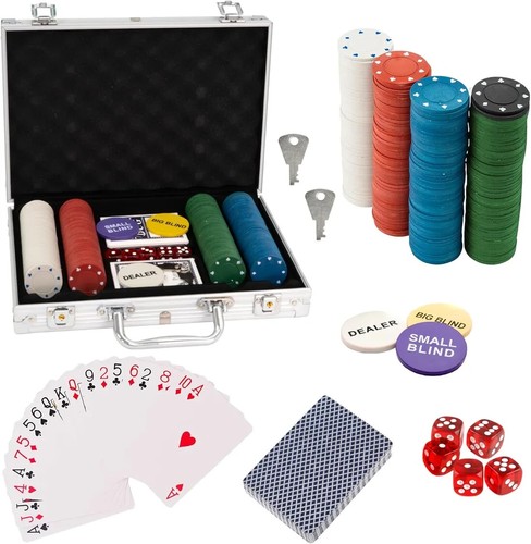 NEW! Poker Set - 200 Piece Texas Hold Em Chips Cards Dice Decks Casino Case UK - Picture 2 of 6