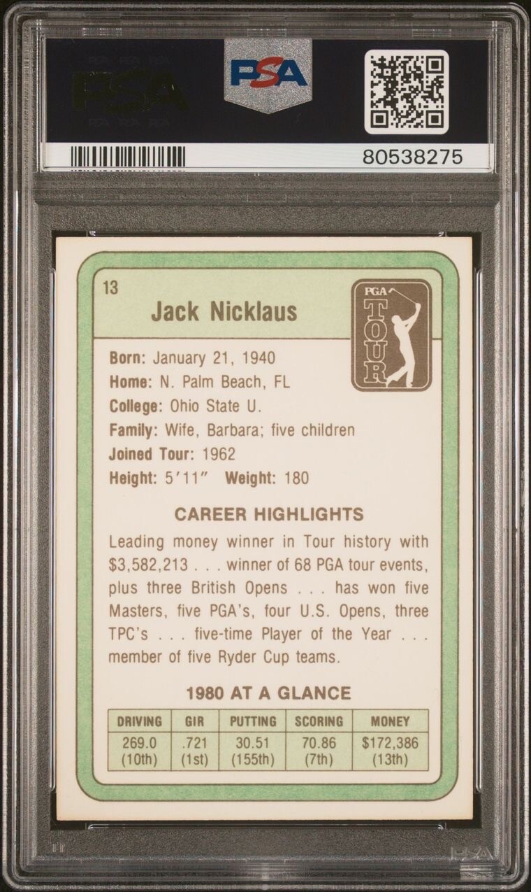1981 Donruss Golf Jack Nicklaus Rookie RC #13 PSA 8 view 2