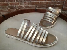 H by Halston Cora Gold Leather Strappy Flat Slide Sandal NEW