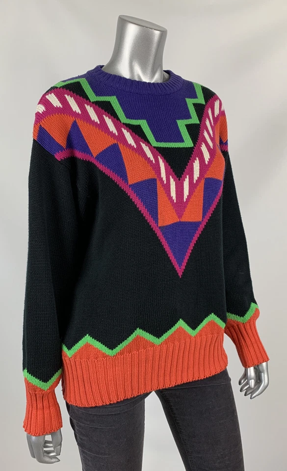 Suéter feminino SKYR L multicolorido geométrico gola redonda manga longa vintage  - Imagem 2 de 4