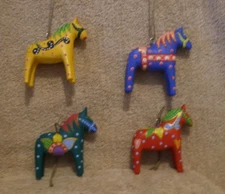 4 Pc Hand Painted Wood Dala Tradition Horse Christmas Ornaments, 4" Tall - NIB