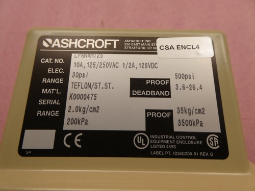 ASHCROFT / LPAN4HT2530 / PRESSURE SWITCH / 30PSI / 125/250VAC 125VDC - Picture 2 of 6