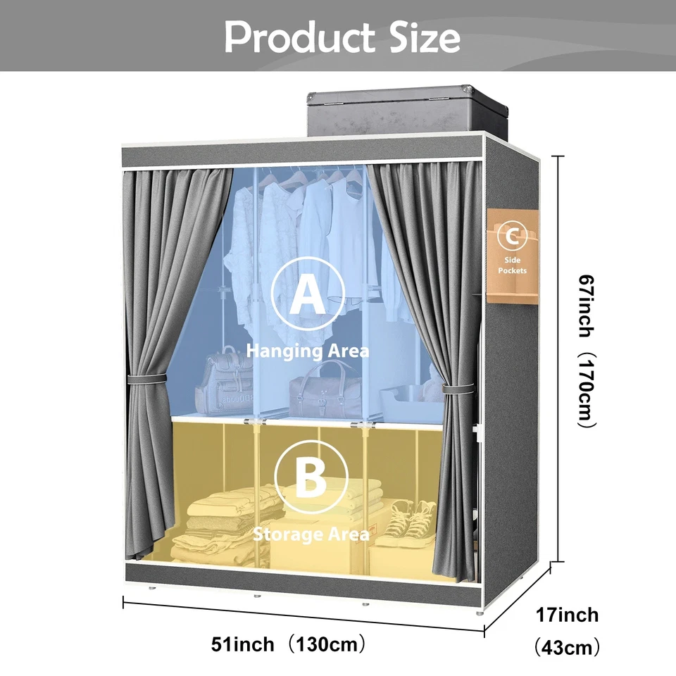 LARGE FABRIC CANVAS WARDROBE WITH CLOTHES HANGING RAIL SHELVING STORAGE CLOSET - Image 2 of 4