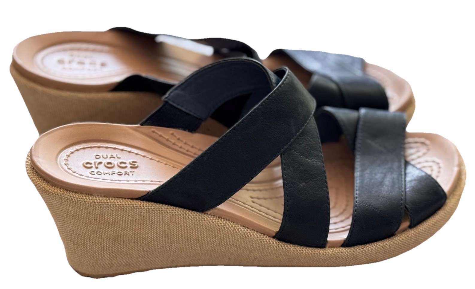New Crocs Dual Comfort A-Leigh Navy Blue Wedge Crossover Strap Women’s Size 8