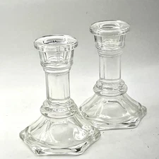 Clear Glass Hexagonal Base Candlestick Holders, Set 2  VTG F.T.D.A. Retro