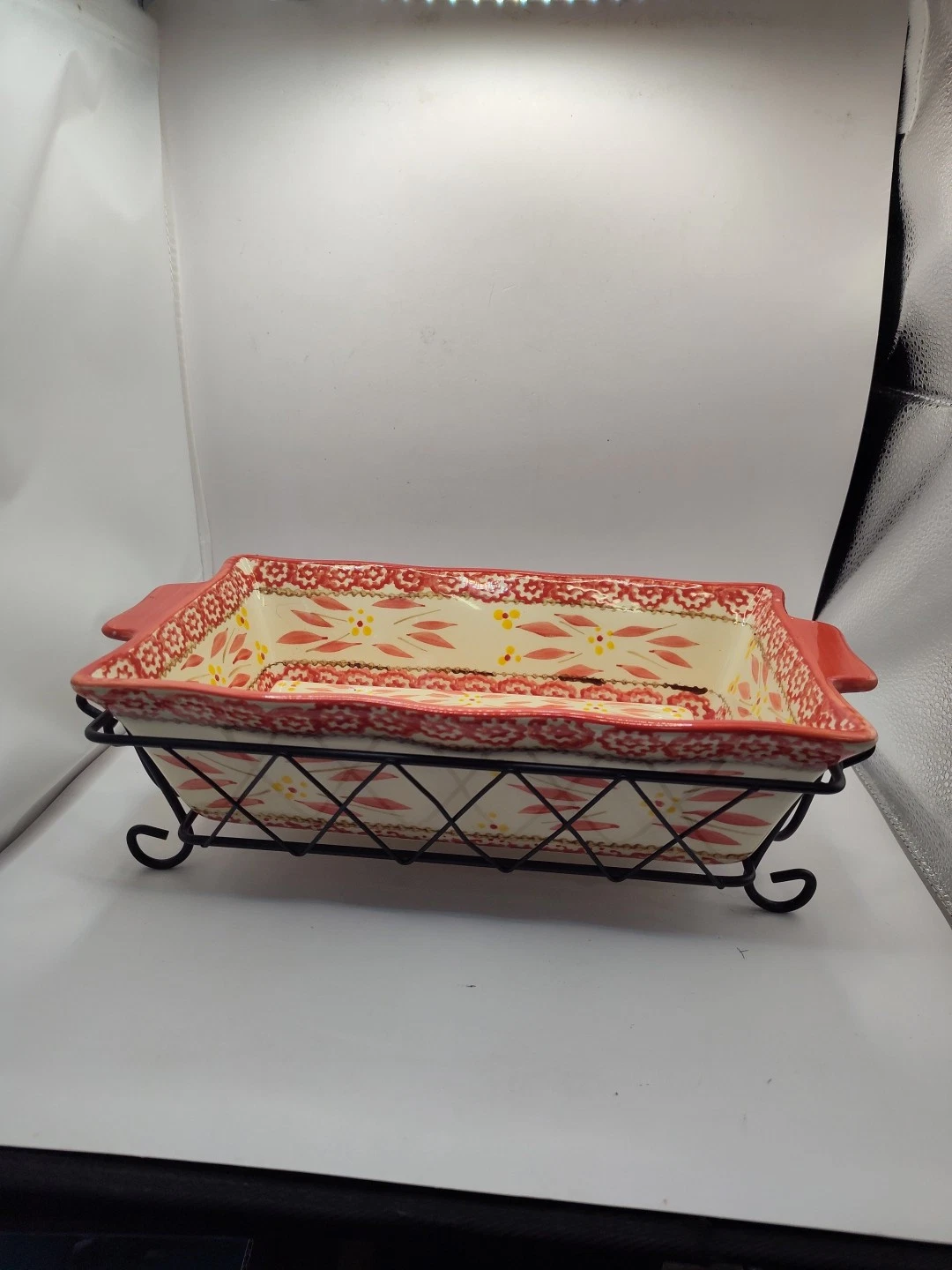 TEMP-TATION Bakeware 1.7 Qt Loaf Pan Red Old World With Drip Tray Handled Rack