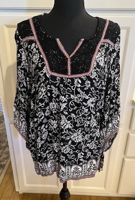 CB Women's 1X Black Floral Blouse Boho Peasant Lace Longer Length