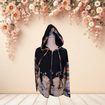 Forever 21 Women's Bleached Blue & Plaid Hooded Zip-Up Shirt Raw Hem Shirt Small