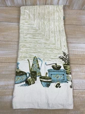Vintage MCM Linen Tablecloth 50x64 Aqua Olive Green Farmhouse