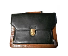 Belle Rose Black & Brown Leather Croc Print  Messenger Bag Laptop Briefcase Vtg