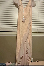 Blush Floral Lace Maxi Dress V-Neck Ruffle Lined Zip Short Sleeve 12